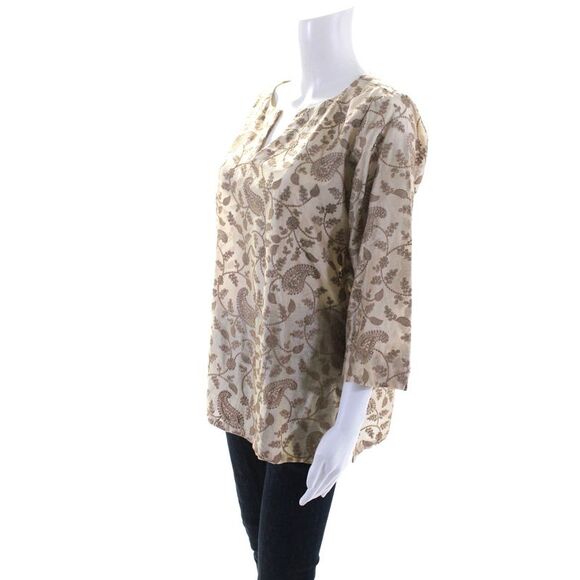 Jennifer T Womens Embroidered Paisley Y Neck 3/4 Sleeve Top Blouse Beige IT 42 - Picture 2 of 4